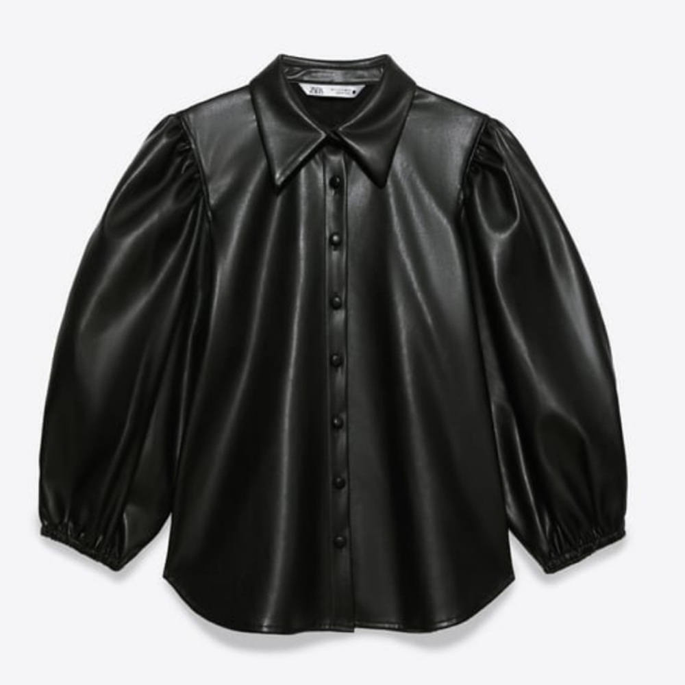 Zara Faux Leather Puff Sleeve Blouse